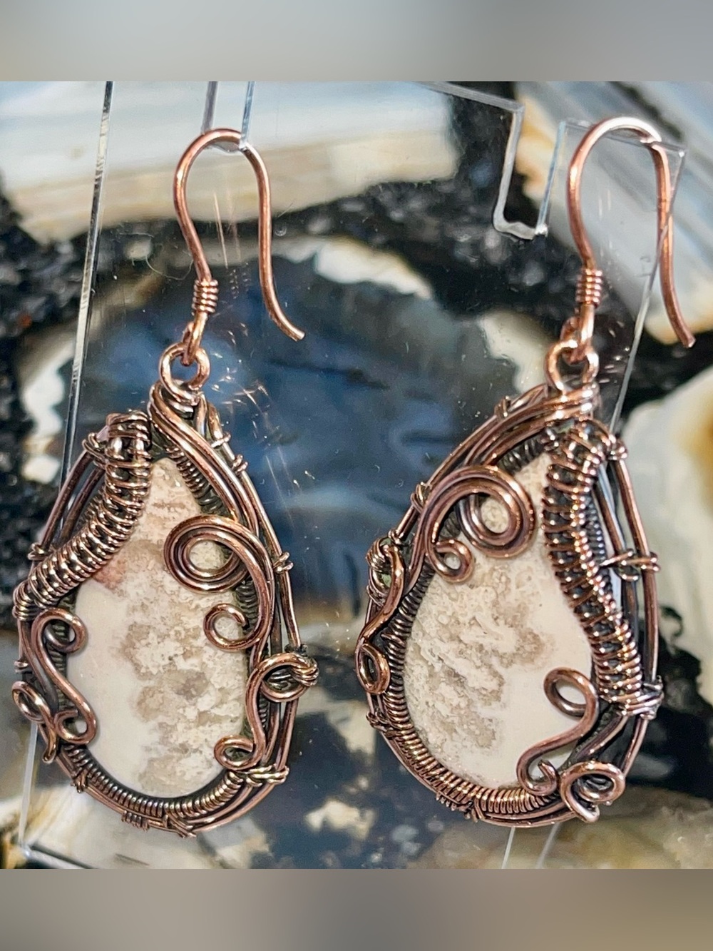Copper Wire-wrapped Crazy Lace Agate Earrings 2 1/4” - Picture 11 of 17